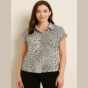 bcbg maxazria Animal print button up Short cap Sleeve